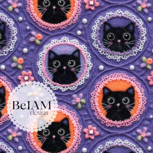 Floral Lacy Black Cat Seamless Pattern Repeating File for Fabric Sublimation Digital Paper Custom Fabric Commercial Use