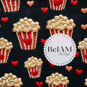 May include: A black fabric background with a repeating pattern of red hearts, orange hearts, and popcorn containers embroidered with red and white stripes and a red heart. The text "BelAM design" is in a white circle.