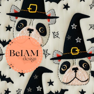 Niedliches Witchy Französische Bulldogge Nahtlose Muster-Wiederholungsdatei für Stoff Sublimation Halloween Digitales Papier Sammelalbum Oberflächendesign Tapete