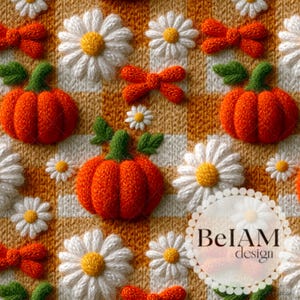 May include: A knitted fabric featuring a repeating pattern of orange pumpkins with green stems, white daisies with yellow centers, and small orange bows on a yellow and white checkered background. The text BeIAM design is visible in the corner.
