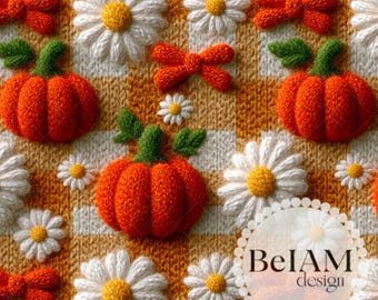 3D Fall Pumpkins Daisy Bows Seamless Pattern: Fabric Sublimation (Digital Paper)