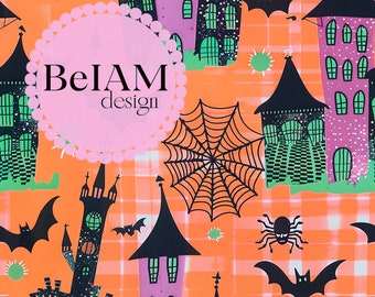 Preppy Spooky Haunted House Seamless Pattern: Halloween Fabric Design (Digital)