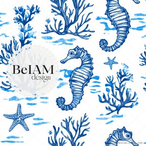 Seahorse Coral Coastal Seamless Pattern Repeating File for Fabric Sublimation Coastal Digital Paper Custom Fabric Print Background