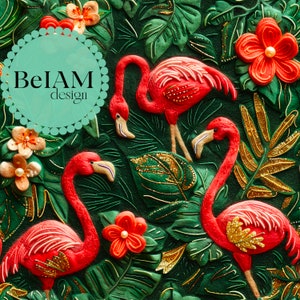 May include: A close-up of a colorful embroidered artwork featuring three pink flamingos with gold accents, surrounded by green leaves and flowers. The artwork includes the text "BeIAM design".