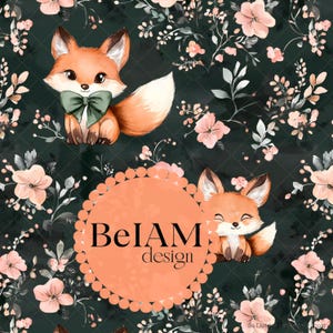 May include: A seamless pattern featuring a dark green background with pink flowers and two orange foxes. The foxes are wearing bow ties and have white accents on their faces. The text "BelAM design" is in the center of the pattern.