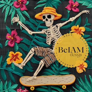 3D Skeleton Skateboarder Tropical sich wiederholende Datei für Stoff Sublimation, Instant Download digitales Papier Oberflächendesign 3D nahtlose Muster