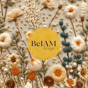 May include: A textile embroidery featuring a variety of cream, mustard, and blue floral motifs accented with scattered beads and pearls. A central yellow scalloped circular emblem displays the black text BeIAM design in the middle.