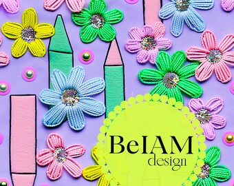 3D Neon Daisies & Pencils Seamless Pattern: Back to School Fabric Design (Digital File)