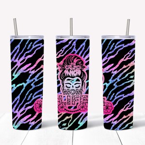 20 OZ Glitter Stripes Mom Life Messy Bun Sublimation Skinny Tumbler Design - Straight & Tapered Sublimation Wrap Design - Tumbler PNG