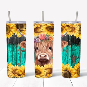 20 OZ Sunflower HighLand Sublimation Skinny Tumbler Design - Straight & Tapered Sublimation Wrap Design - Tumbler PNG