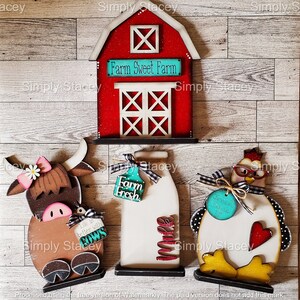 Farm Shelf Sitter Set, Chicken, Milk Jug, Highland Cow, Barn, DIY Kit, Hand Painted, Standing Farm Shelf Sitters, Farm Fresh, Fresh Eggs