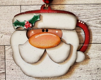 Santa Mug Christmas Ornament, DIY Kit or Hand-Painted, Santa Ornament, Ornament Gift Exchange, Secret Santa, Handmade Gift