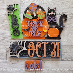 May include: A Halloween door decoration set with a black cat, a pumpkin bucket with candy, a spider web, and signs that say "Boo", "Trick or Treat", and "Oct 31".