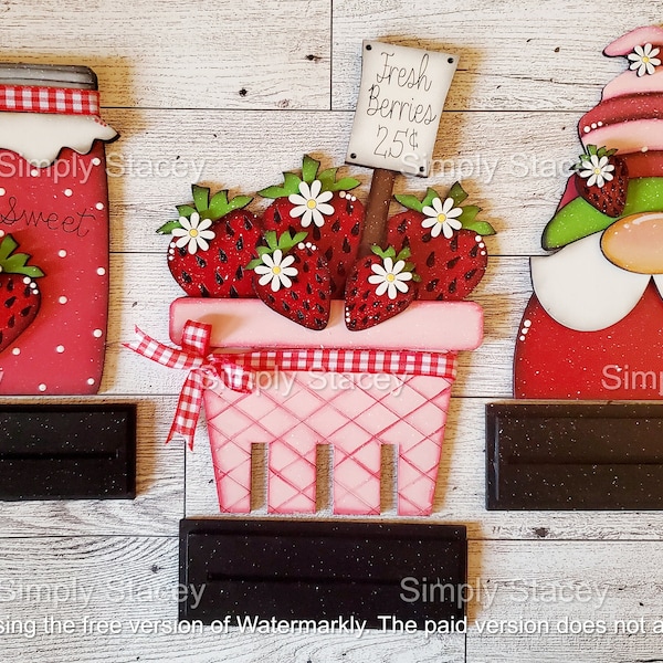 Strawberry Shelf Sitter Set, DIY Wood Kit or Hand-Painted, Gnome, Fresh Berries, Berry Sweet Jam, Standing Shelf Sitters, Summer DIY Kit