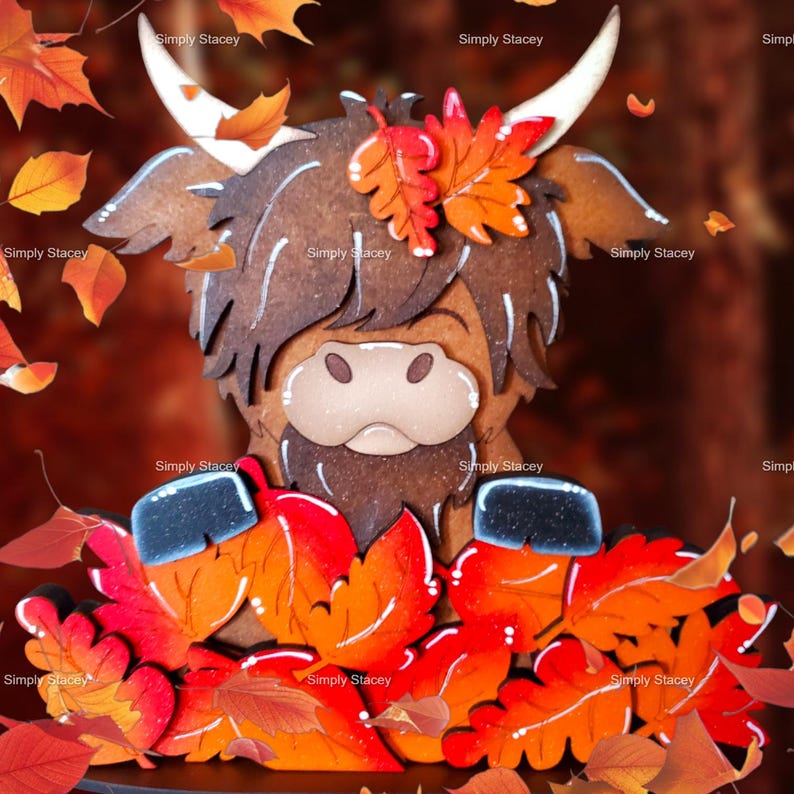 May include: A wooden Highland Cow figurine with a brown and white coat, surrounded by fall leaves in shades of orange, red, and yellow. The cow has a black nose and a white beard.