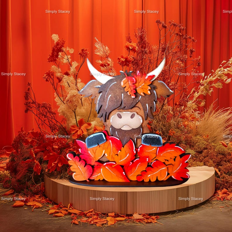 May include: A wooden cutout of a Highland cow with a brown and white face, wearing a crown of fall leaves. The cow is standing on a wooden base surrounded by fall leaves.