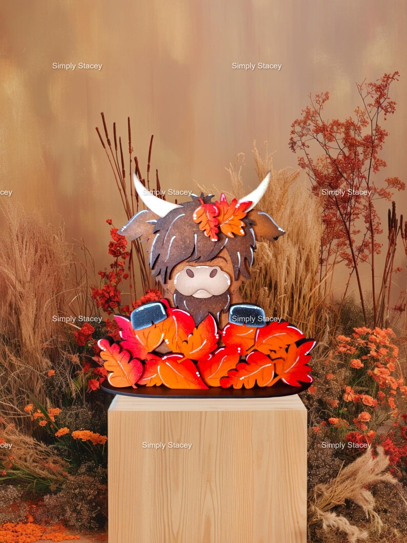 May include: A wooden Highland Cow figurine with a brown and black fur pattern, wearing a crown of orange and red fall leaves. The figurine is standing on a black base and surrounded by orange and red leaves.