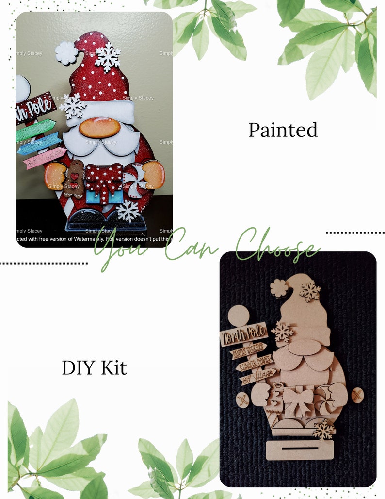 May include: A wooden Christmas gnome DIY kit with a painted version of the gnome. The kit includes a wooden gnome with a sign that says "North Pole" and other signs that say "Santa Visited", "Kinder Come", and "Elf Village".