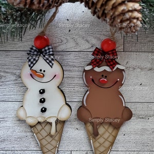 Snowman or Gingerbread Ice Cream Cone Christmas Ornament, DIY Kit or Hand-Painted, Homemade Gift, Ornament Gift Exchange, Secret Santa
