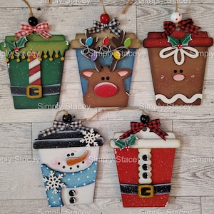 Latte Cup Ornaments/Gift Card Holders, DIY Kit or Painted, Secret Santa, Ornament Exchange, Christmas Ornaments, Santa, Elf, Handmade Gift