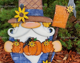 Scarecrow Gnome, DIY Kit or Hand-painted, Scarecrow Gnome Shelf Sitter, Tiered Tray, Paint Party, Fall Decor, Mantle Decor, Homemade Gift