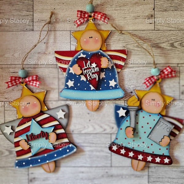 Lady Liberty Angel Ornaments, DIY Wood Kit or Hand-Painted, 4th of July Ornaments, Let Freedom Ring, 1776, Liberty, Set of 3, Homemade Gift