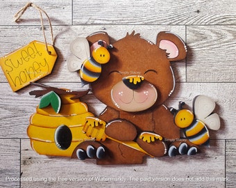 Bear and Bees Interchangeable Basket Insert Large or Mini, Hand-Painted, Bear and Bees Add-On for Basket, Homemade Gift, Summer Decor