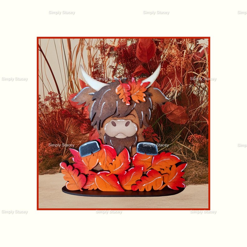 May include: A wooden Highland cow figurine with a brown and white fur pattern, surrounded by orange and red fall leaves. The cow is standing on a wooden base.