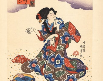 1920 Estampe japonaise Femme rinçant le linge Gravure sur bois Utagawa Kunisada