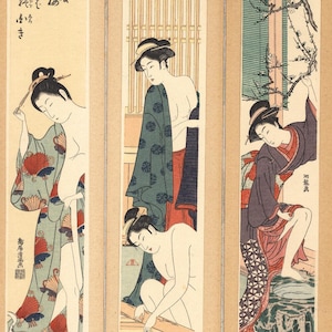 1920 Japanese Print Rare Triptych Geishas Garden Woodblock Print