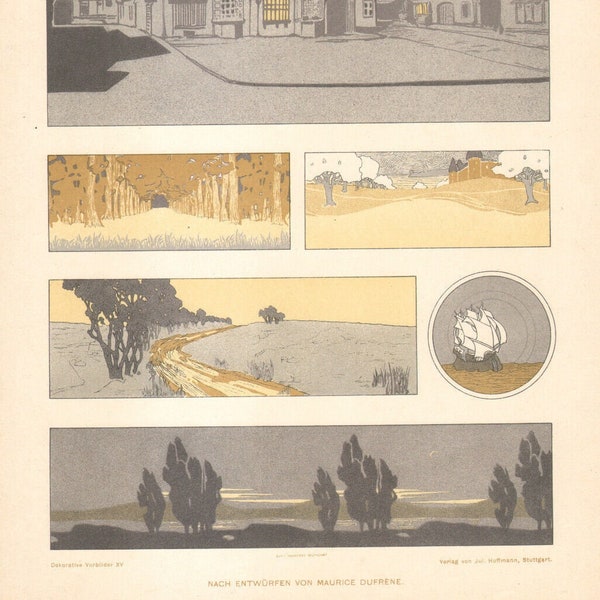 1900 Lithographie Maurice Dufrène Paysages arbres rivière Art nouveau