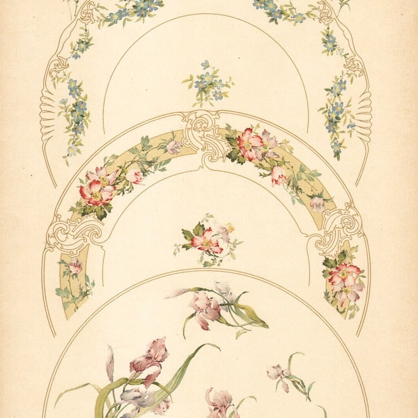 1900 Lithographie Art nouveau Motifs d'assiettes fleurs