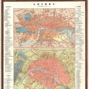 1858 Rara litografia Mappa Città di Londra Parigi Piano Ludwig Ewald