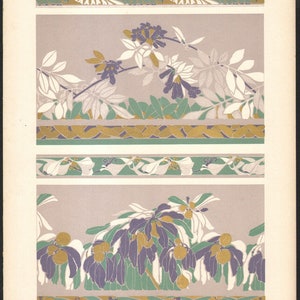 1900 Litografía Frisos de plantas Flores doradas Adornos Art Nouveau