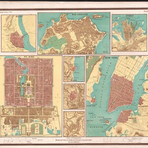 1858 Rare carte lithographie ville de Rio de Janeiro New York Pékin Sydney Delhi