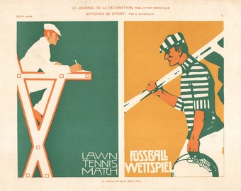 1910 Art Nouveau Lithograph Tennis Art Deco Sports Posters