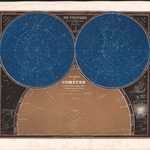 1858 Selten Karte Lithographie Sterne Flugbahnen der Kometen Astronomie L.Ewald