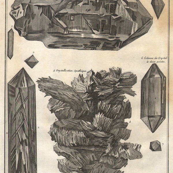 1768 Gravure originale Minéralogie Cristaux Quartz Minéraux pierres