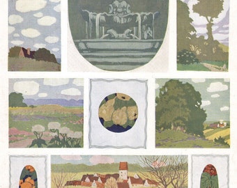 1910 Lithograph Art Nouveau Decorative Landscapes Trees Decoration