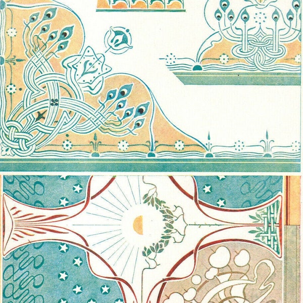 1901 Planche originale Motifs de décoration pour plafond Art nouveau Orientalisme
