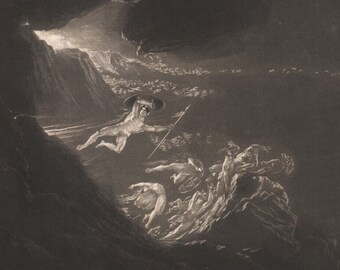 1833 Mezzotint engraving The Falls of the Angels Paradise Lost Milton John Martin