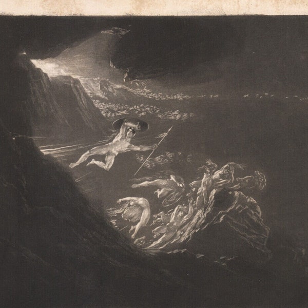 1833 Gravure mezzotinte La Chutes des Anges Paradis perdu Milton John Martin
