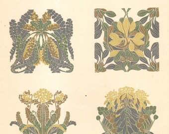1900 Lithograph Flowers Plant Panels Art Nouveau Motifs