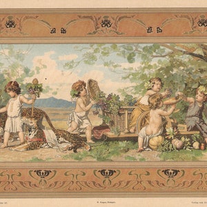 1900 Art Nouveau Lithograph Children wine tigers