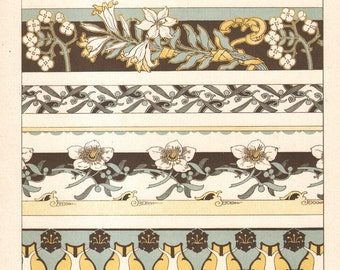 1900 Lithograph Flower friezes A. Erdmann Art Nouveau motifs