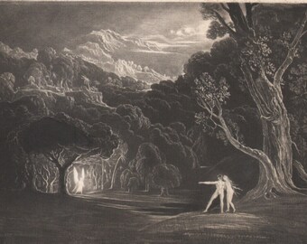 1833 Gravure en mezzotinte Adam et Eve Paradis perdu John Martin Romantisme