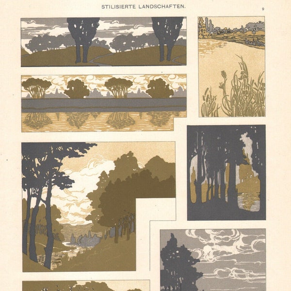 1900 Lithographie Maurice Dufrène Paysages arbres rivière Art nouveau