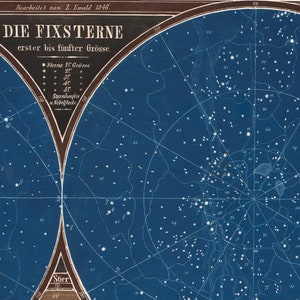 May include: A vintage star chart showing the constellations of the night sky. The chart is printed on blue paper with white stars and lines. The text on the chart reads "Die Fixsterne erster bis f&uuml;nfter Gr&ouml;sse" which translates to "The Fixed Stars First to Fifth Magnitude".