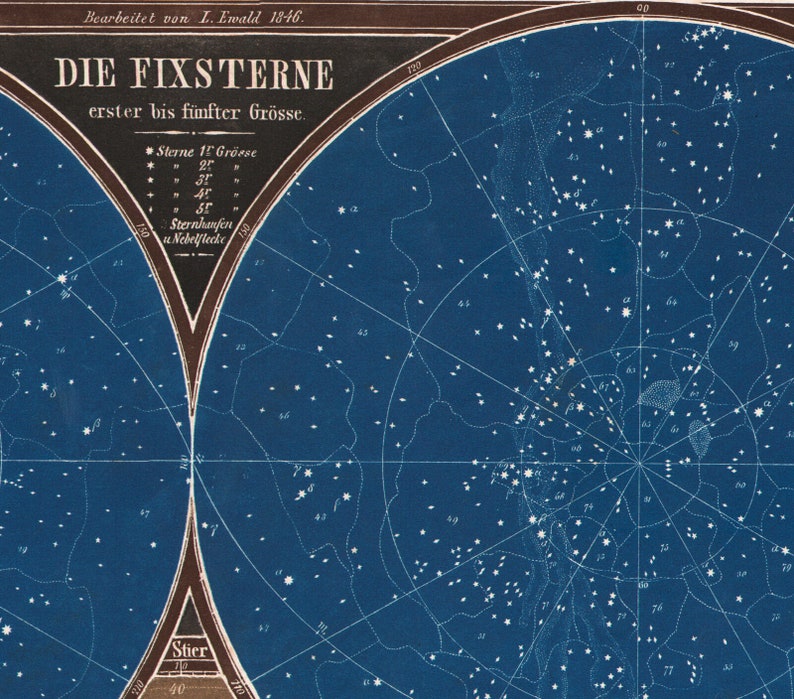 May include: A vintage star chart showing the constellations of the night sky. The chart is printed on blue paper with white stars and lines. The text on the chart reads "Die Fixsterne erster bis f&uuml;nfter Gr&ouml;sse" which translates to "The Fixed Stars First to Fifth Magnitude".