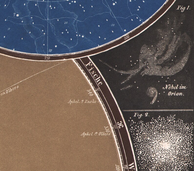May include: A vintage star chart with a black and white illustration of the Orion Nebula. The chart is labeled "Fische" and "Nebel im Orion."